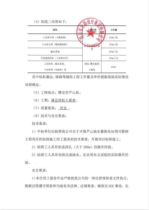 芦山抽水蓄能电站预可勘探工程项目用工服务招标公告